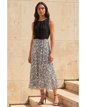 Roman Pleat Neck Contrast Print Midi Dress - Natural