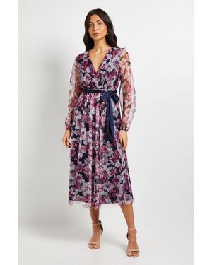 Wallis Floral Mesh Satin Tie Midi Dress - Red