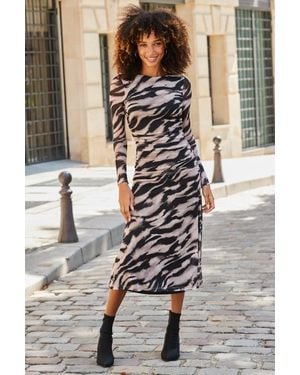 Sosandar Chocolate Abstract Print Ruched Detail Dress - Grey