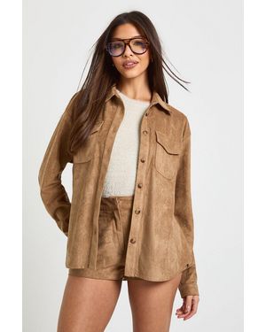Boohoo Faux Suede Oversized Shirt - Brown