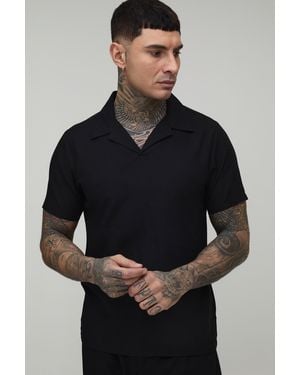 BoohooMAN Tall Linen Blend Slim Revere Polo - Black