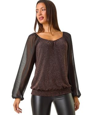 Roman Sparkle Chiffon Sleeve Top - Brown
