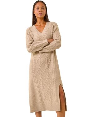Roman Petite V-Neck Knit Midi Dress - Natural
