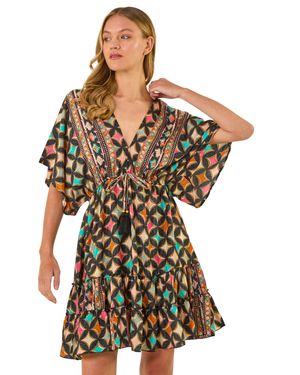 Roman Geometric Boho Print V-Neck Mini Dress - Black