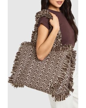 Boohoo Oversized Frayed Edge Jacquard Beach Bag - Grey