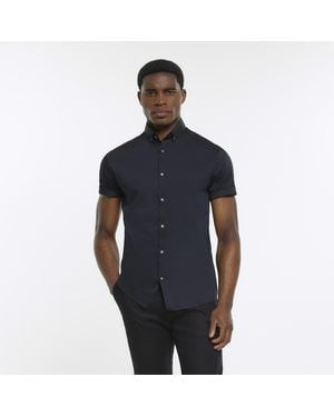 River Island Shirt Muscle Fit Short Sleeve Material_Polyester - Blue