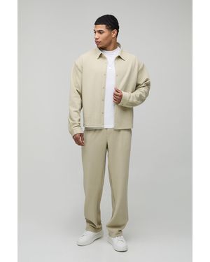 BoohooMAN Long Sleeve Jersey Herringbone Shirt & Trouser Set - Natural