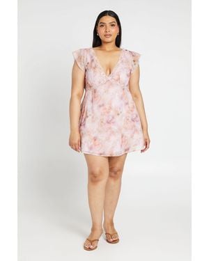 Boohoo Plus Printed Cap Sleeve Lace Trim Shift Dress - Pink