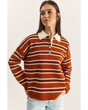 Bianco Lucci Striped Polo Collar Button Jumper - Orange