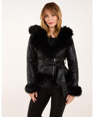 Blue Vanilla Hooded Zip Faux Fur Cropped Pu Jacket - Black