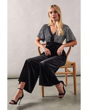 Wallis Petite Sequin Contrast Velvet Jumpsuit - Black