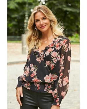 Sosandar Floral Frill Detail Shirred Hem Blouse - Green