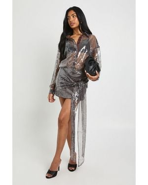 Boohoo Sheer Sequin Draped Mini Shirt Dress - Brown