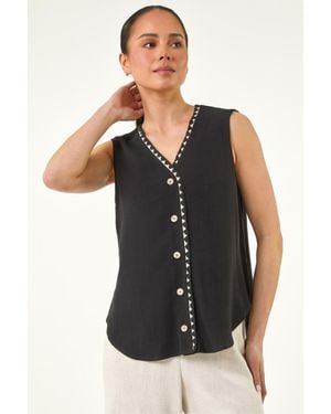 Roman Petite V-Neck Trim Detail Top - Black