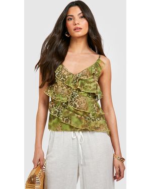 Boohoo Snake Printed Ruffle Chiffon Cami - Green