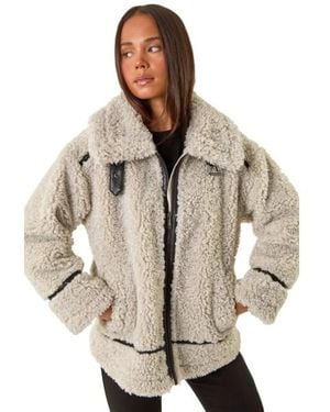 Roman Petite Borg Contrast Aviator Coat - Brown