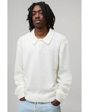BoohooMAN Regular Fit Fluffy Button Knitted Long Sleeve Polo - White