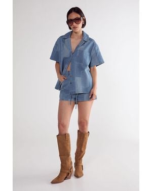 Nasty Gal Denim Patchwork Contrast Stitch Resort Shirt - Blue
