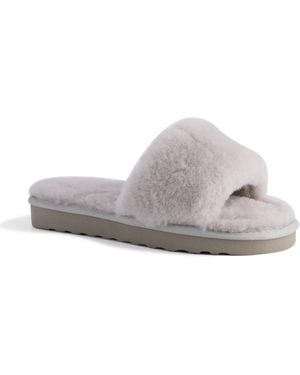 Aus Wooli Australia Sheepskin Fluff Slide Slippers Leather - Grey