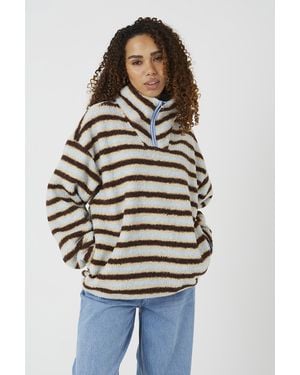 Brave Soul Sherpa Fleece Striped Print Sweatshirt - Grey