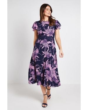 Wallis Floral Lace Ruffle Sleeve Midi Dress - Purple