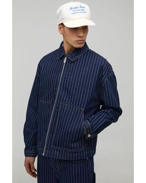 BoohooMAN Pinstripe Boxy Denim Jacket - Blue