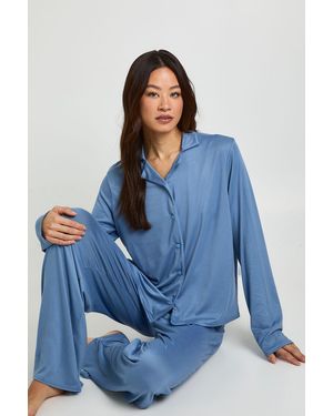 Boohoo Tall Long Sleeve Shirt & Trousers Pyjama Set - Blue