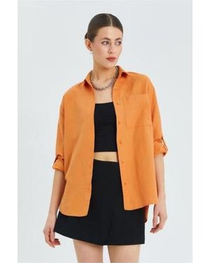 MixRay Long Sleeve Button-Up Shirt With Pocket - Orange