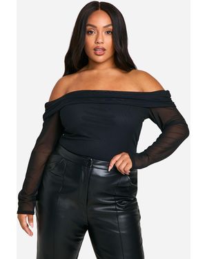 Boohoo Plus Slash Neck Mesh Long Sleeve Top - Black