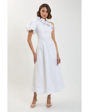 Karen Millen Corsage Detail Cotton Poplin Midi Dress - White