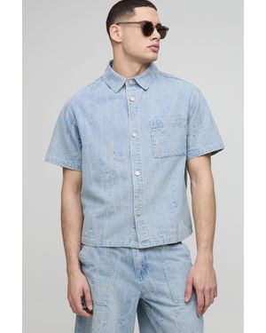 BoohooMAN Boxy Collared Distressed Denim Shirt - Blue