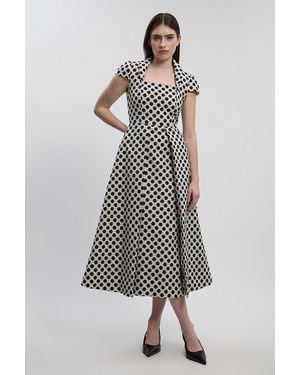 Karen Millen Petite Spot Jacquard Square Neck Tailored Full Skirted Midi Dress - Multicolour