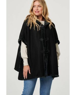Izabel London Faux Fur Lined Hooded 1/2 Sleeve Poncho - Black