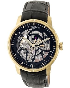 Heritor Ryder Skeleton Leather-Band Watch - Multicolour