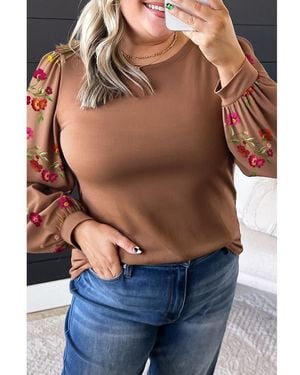 Azura Exchange Bloemenborduursel Lange Mouwen Ronde Hals Casual Top - Blauw
