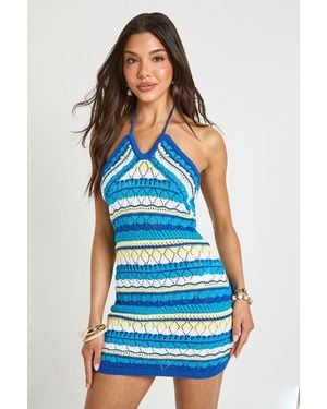 Boohoo Crochet Knit Stripe Halter Mini Dress - Blue