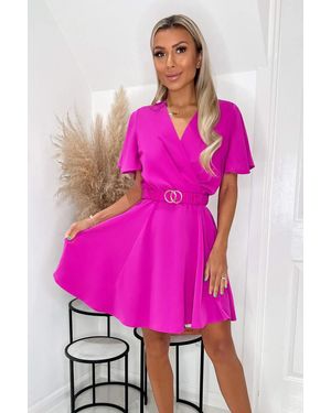 AX Paris Hot Wrap Over Belted Skater Dress With Short Sleeves - Pink