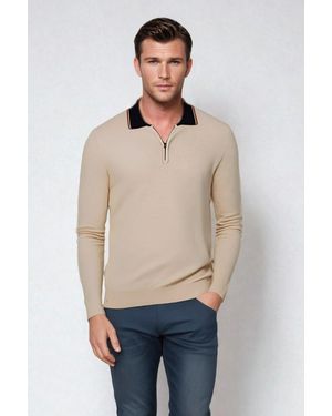 Secret Label Contrast Collar Cotton Long Sleeve Polo - Natural