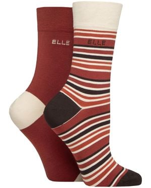Elle 2 Pack Ladies Striped And Plain Bamboo Socks - Red