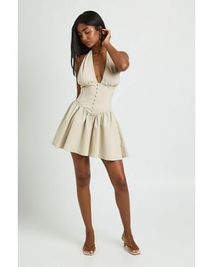 Boohoo Bengaline Halter Neck Plunge Skater Dress - Natural