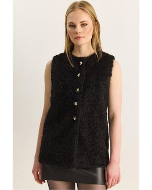 Bianco Lucci Plush Waistcoat With Button Closure - Black