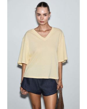 Grimelange Oversized V-Neck Tie Detail T-Shirt - Blue