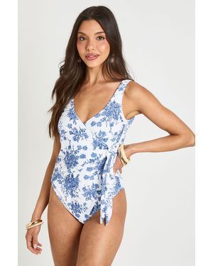 Boohoo Floral Print Tummy Control Wrap Detail Swimsuit - Blue