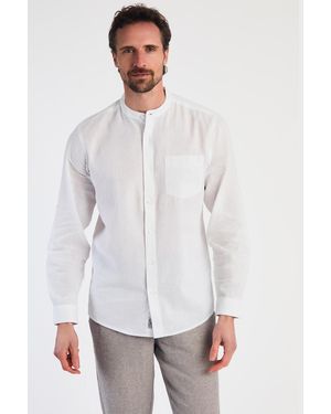 Tokyo Laundry Linen Blend Long Sleeve Button-Up Shirt With Grandad Collar - White