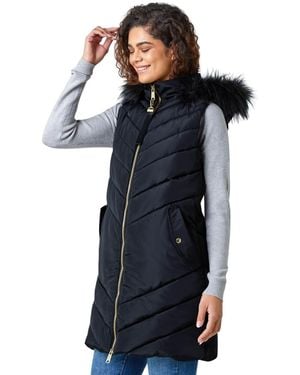 Roman Quilted Faux Fur Hood Longline Gilet - Blue