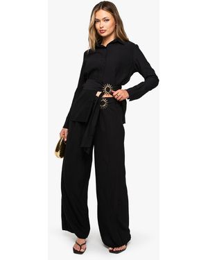 Boohoo Crinkle Crepe Trim Wide Leg Trouser - Black