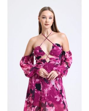 Hiccup Plunge Neck Low Sleeve Maxi Dress With A Bust Cut Out - Pink
