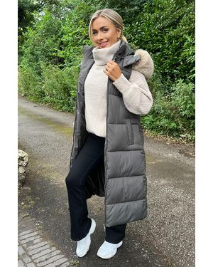 AX Paris Faux Fur Hooded Longline Padded Gilet - Green