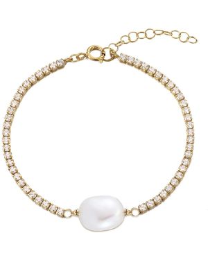 The Jewellery Stockroom Plated Sterling Pearl And Cz Tennis Bracelet - Metallic