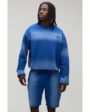 BoohooMAN Shrunken Panel Wash Sweatshirt Short Tracksuit - Blue